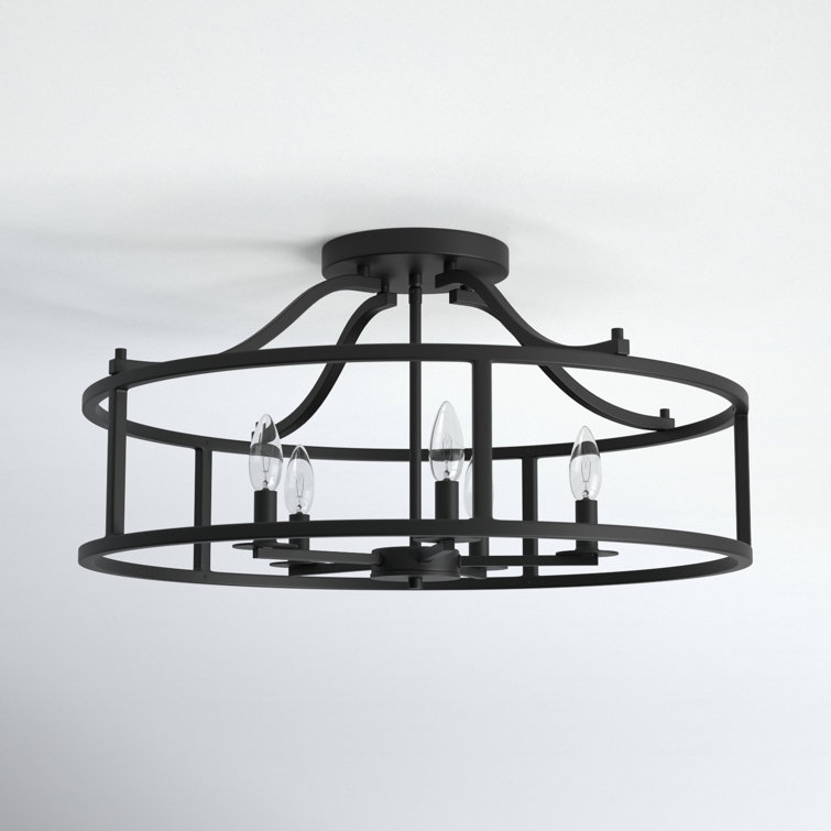 Black Steel 5-Light Caged Drum Semi Flush Mount