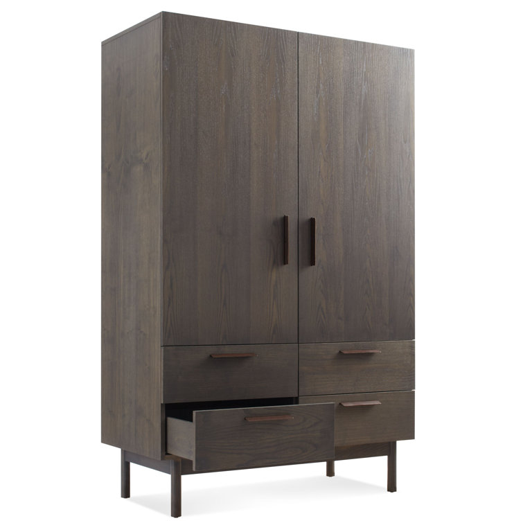 Smoke Solid Wood Bar Cabinet with Leather Pulls