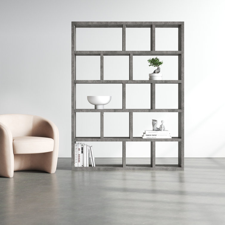 Berlin 5-Tier Wide Bookcase with Concrete Finish and Cubbyholes