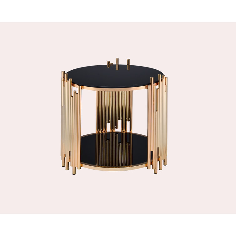 Tanquin 25" Round Black Glass & Gold Metal End Table