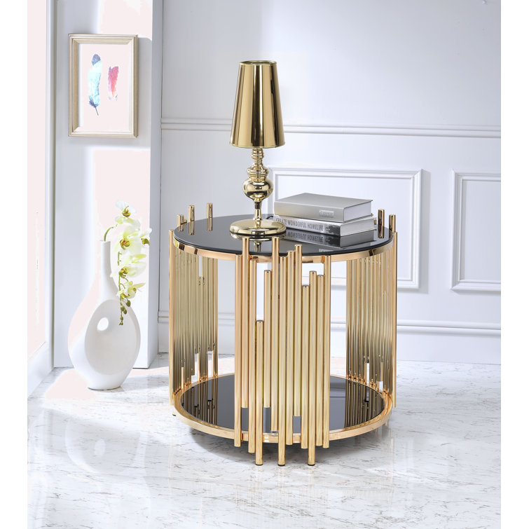 Tanquin 25" Round Black Glass & Gold Metal End Table