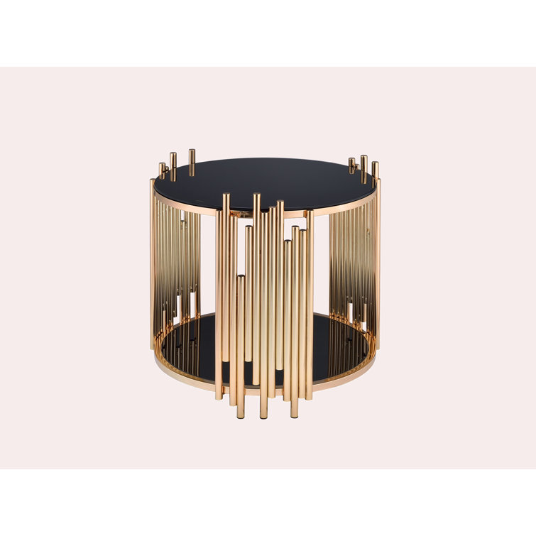 Tanquin 25" Round Black Glass & Gold Metal End Table