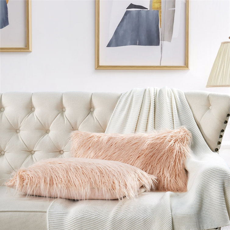 Rose Faux Fur Rectangular Lumbar Pillow Covers, 14" x 26", Set of 2