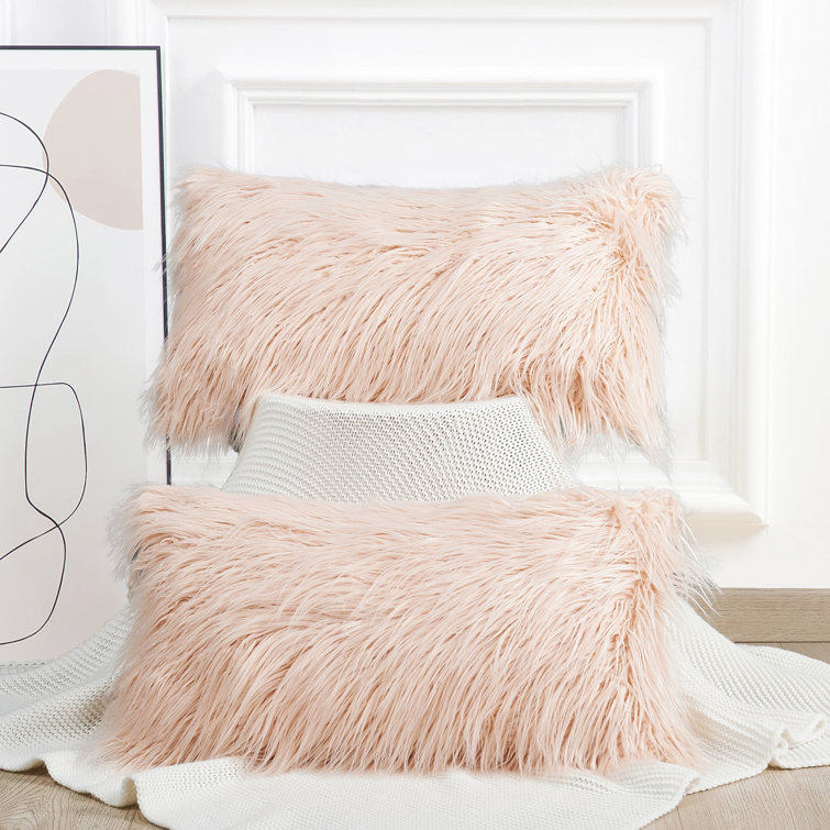 Rose Faux Fur Rectangular Lumbar Pillow Covers, 14" x 26", Set of 2