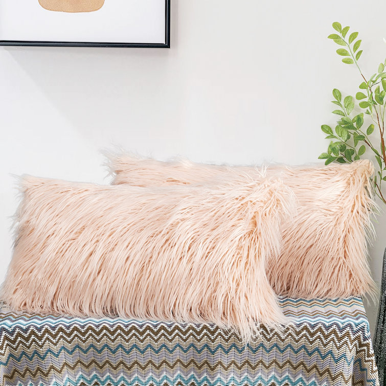 Rose Faux Fur Rectangular Lumbar Pillow Covers, 14" x 26", Set of 2