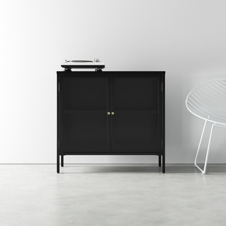 Black and Gold Metal Glass-Paned Storage Cabinet