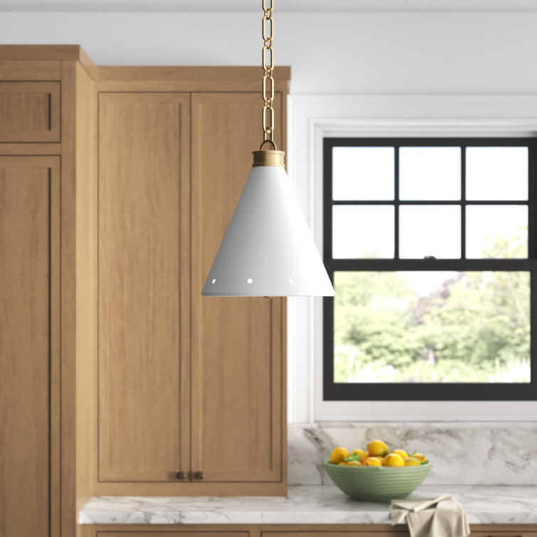 Aged Brass and White Plaster 1-Light Pendant with Steel Shade