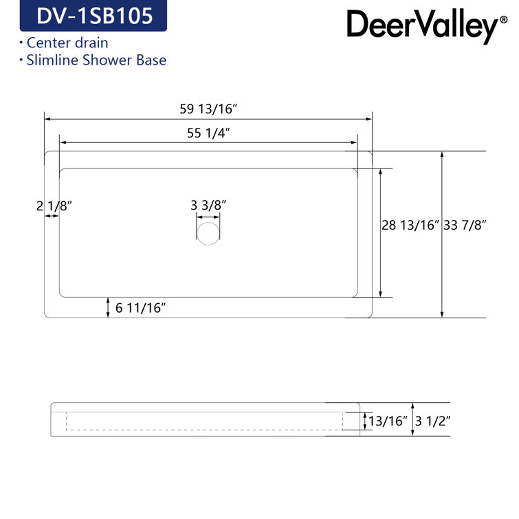 White Acrylic 60'' x 34'' Non-Slip Shower Base with Center Drain