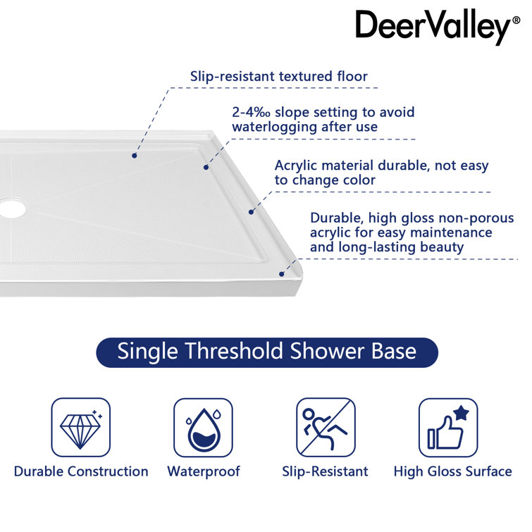 White Acrylic 60'' x 34'' Non-Slip Shower Base with Center Drain