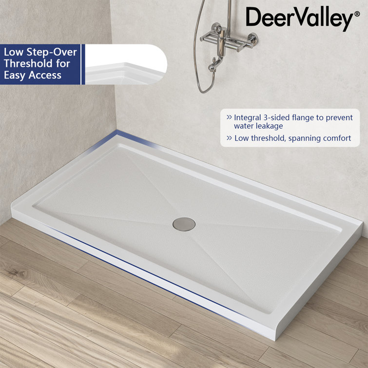 White Acrylic 60'' x 34'' Non-Slip Shower Base with Center Drain