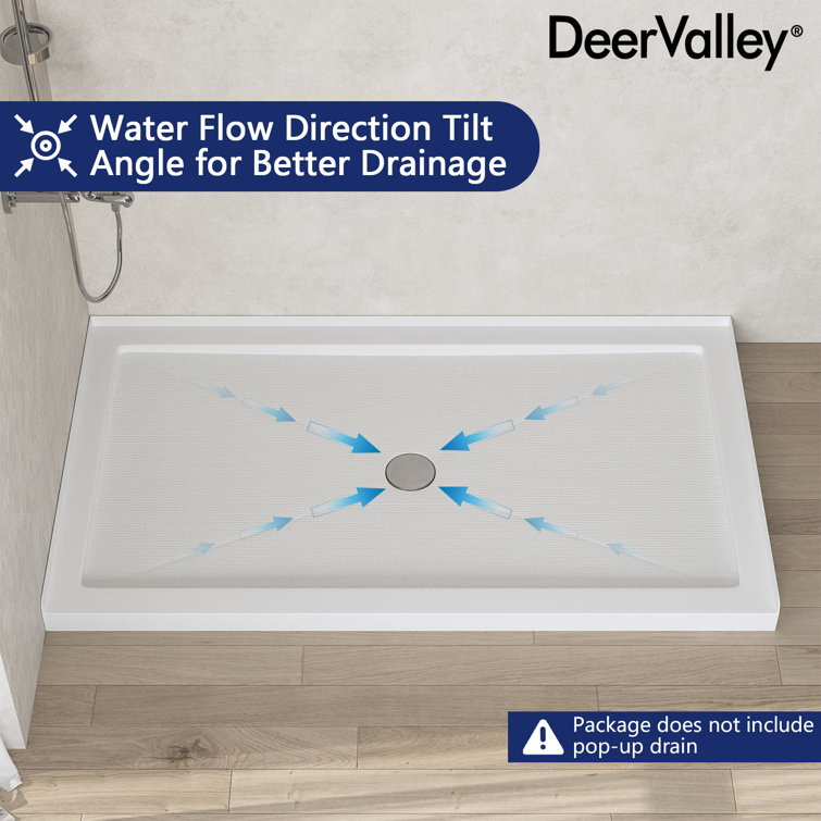 White Acrylic 60'' x 34'' Non-Slip Shower Base with Center Drain