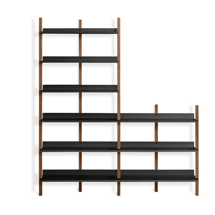 Adjustable Walnut and Black 6-Shelf Wall-Mounted Bookcase