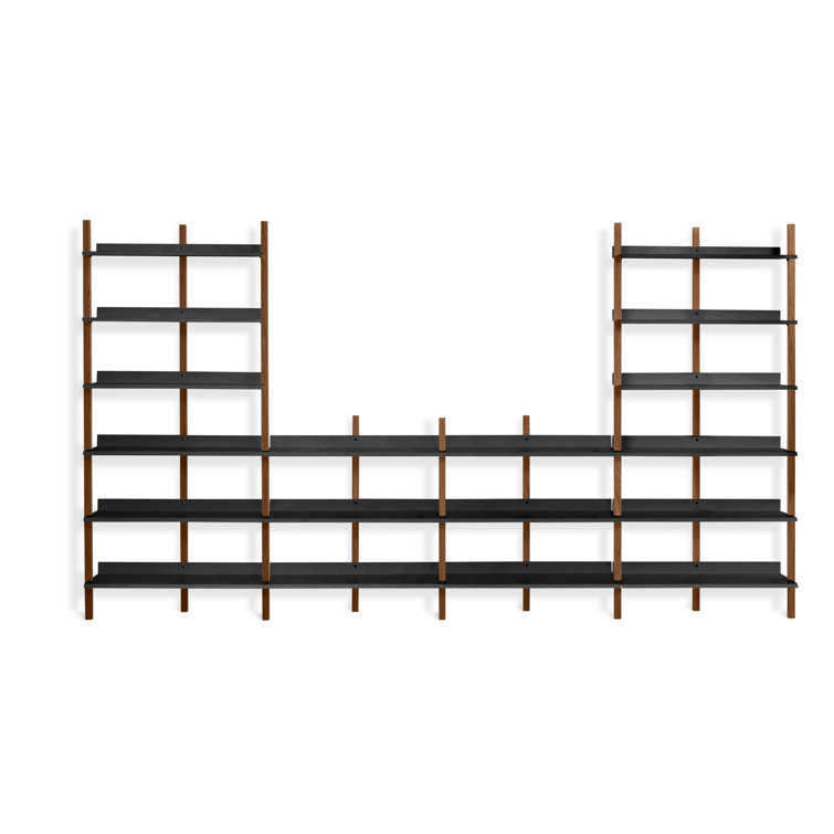 Adjustable Walnut and Black 6-Shelf Wall-Mounted Bookcase