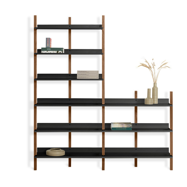 Adjustable Walnut and Black 6-Shelf Wall-Mounted Bookcase