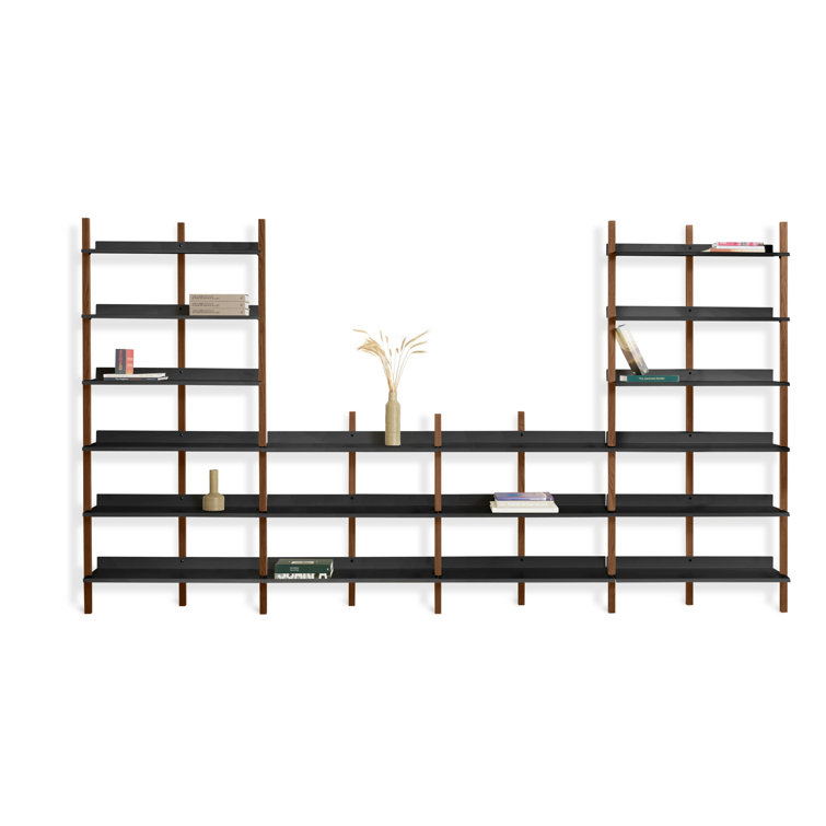 Adjustable Walnut and Black 6-Shelf Wall-Mounted Bookcase
