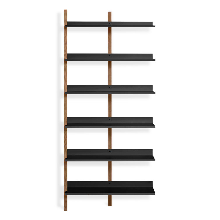 Adjustable Walnut and Black 6-Shelf Wall-Mounted Bookcase