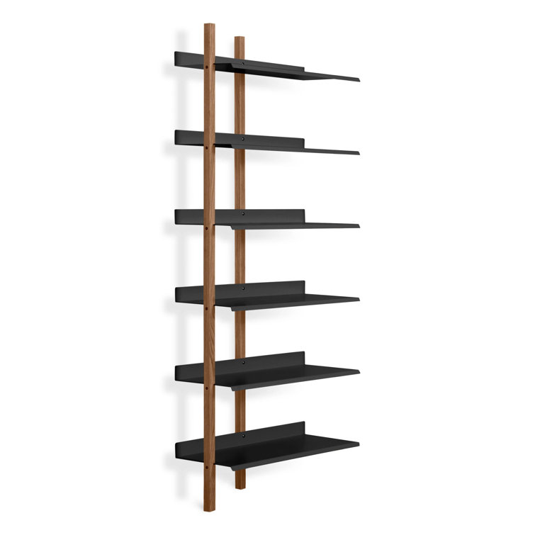 Adjustable Walnut and Black 6-Shelf Wall-Mounted Bookcase