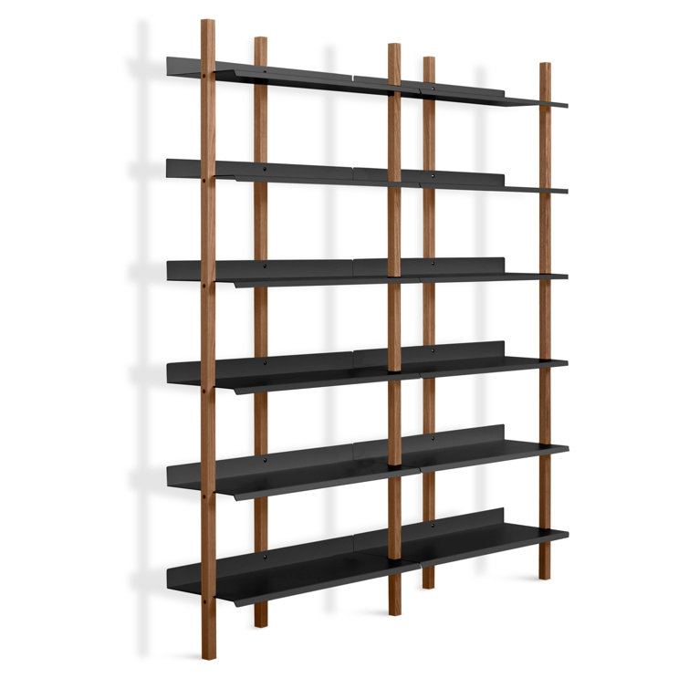 Adjustable Walnut and Black 6-Shelf Wall-Mounted Bookcase