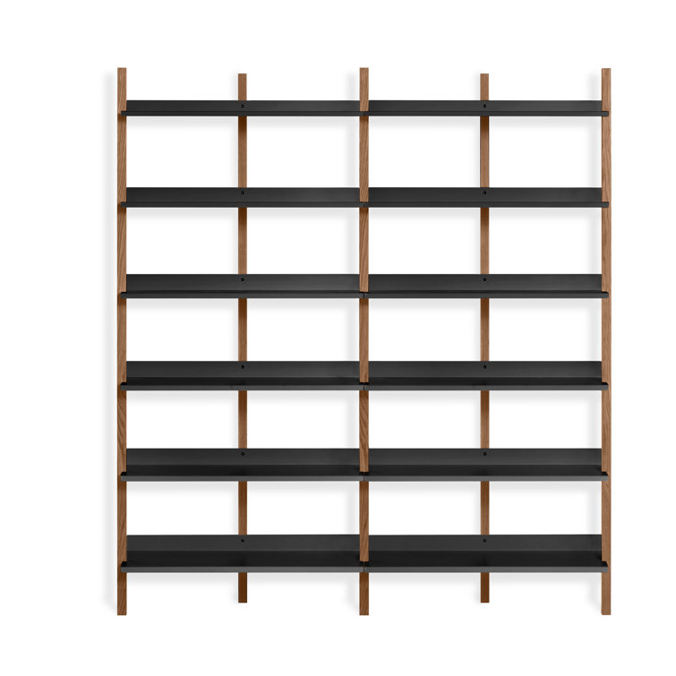 Adjustable Walnut and Black 6-Shelf Wall-Mounted Bookcase