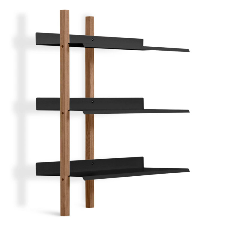 Adjustable Walnut and Black 6-Shelf Wall-Mounted Bookcase