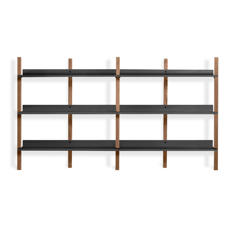 Adjustable Walnut and Black 6-Shelf Wall-Mounted Bookcase