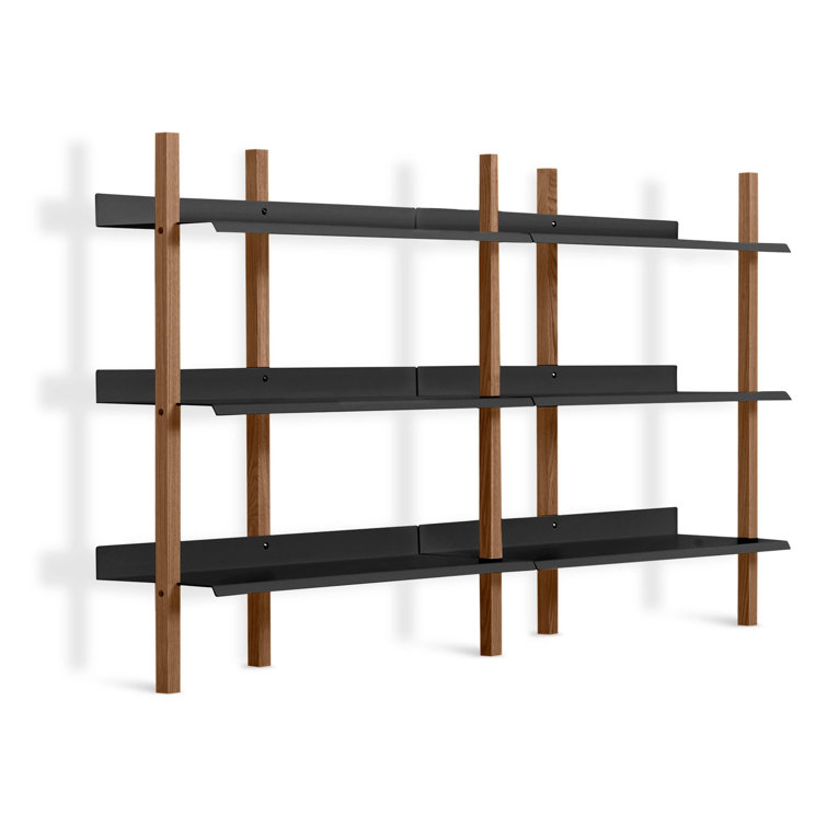 Adjustable Walnut and Black 6-Shelf Wall-Mounted Bookcase