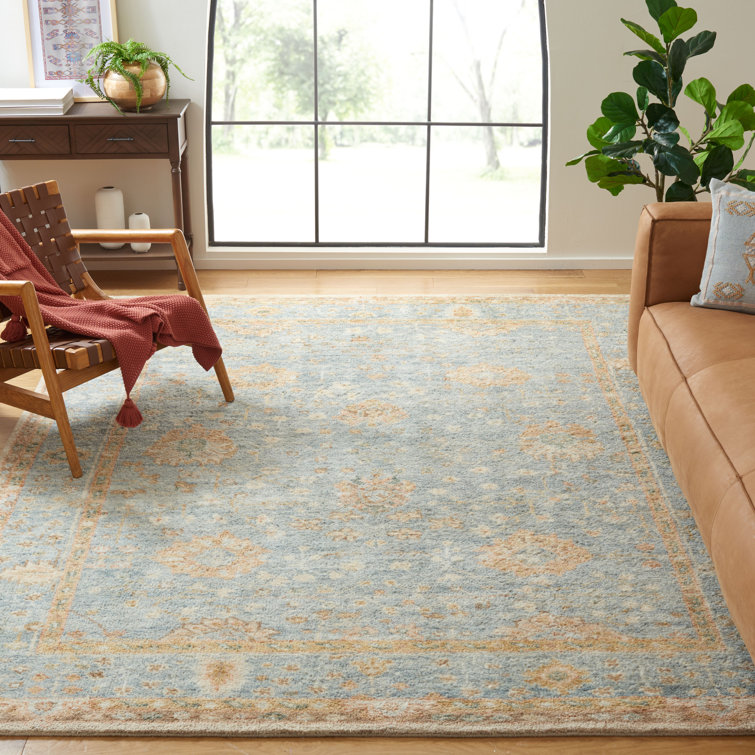 Light Blue Hand-Knotted Wool and Cotton 6' x 9' Rug