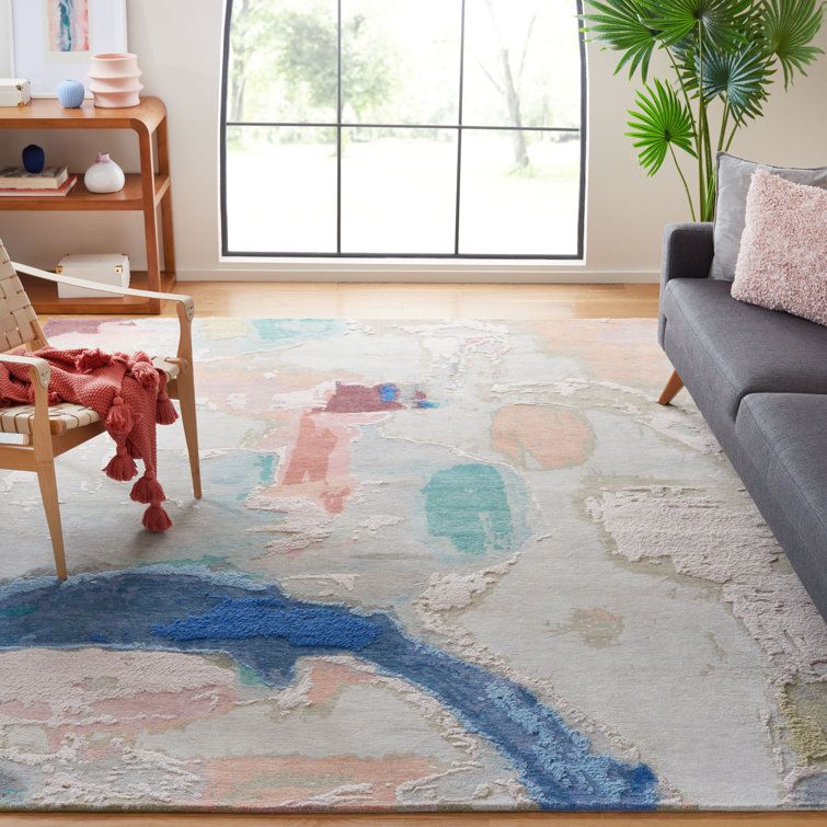 Handmade Blue and Blush Wool Abstract 6' x 9' Area Rug