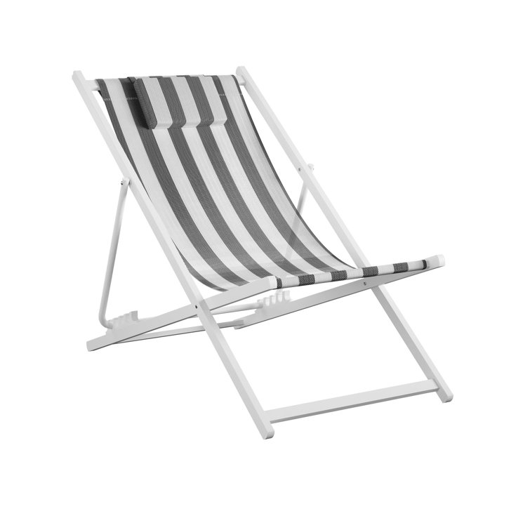 Classic Black and White Striped Foldable Beach Chairs, Set of 2