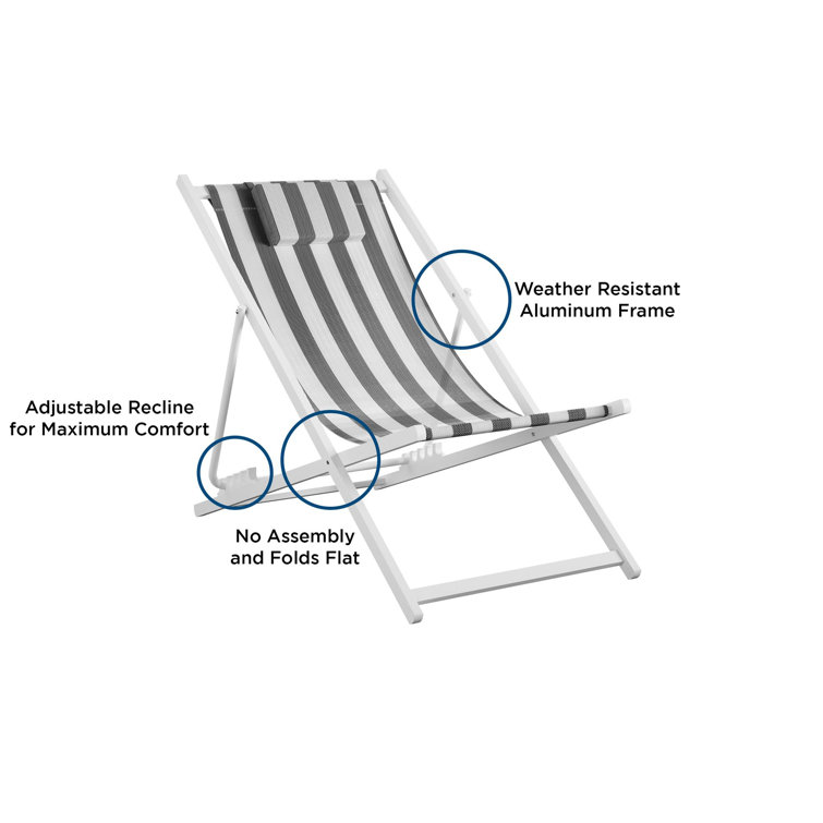 Classic Black and White Striped Foldable Beach Chairs, Set of 2