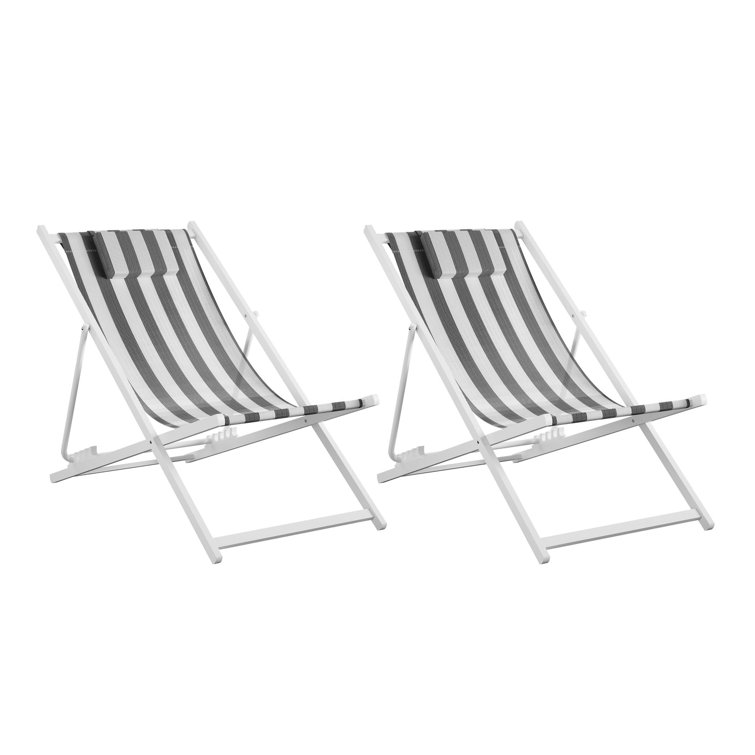 Classic Black and White Striped Foldable Beach Chairs, Set of 2