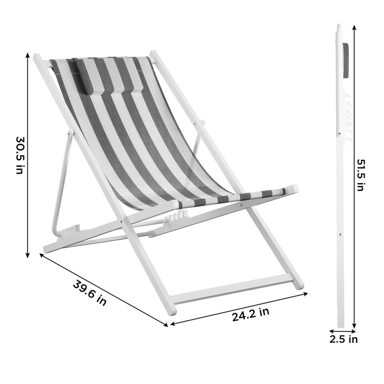 Classic Black and White Striped Foldable Beach Chairs, Set of 2