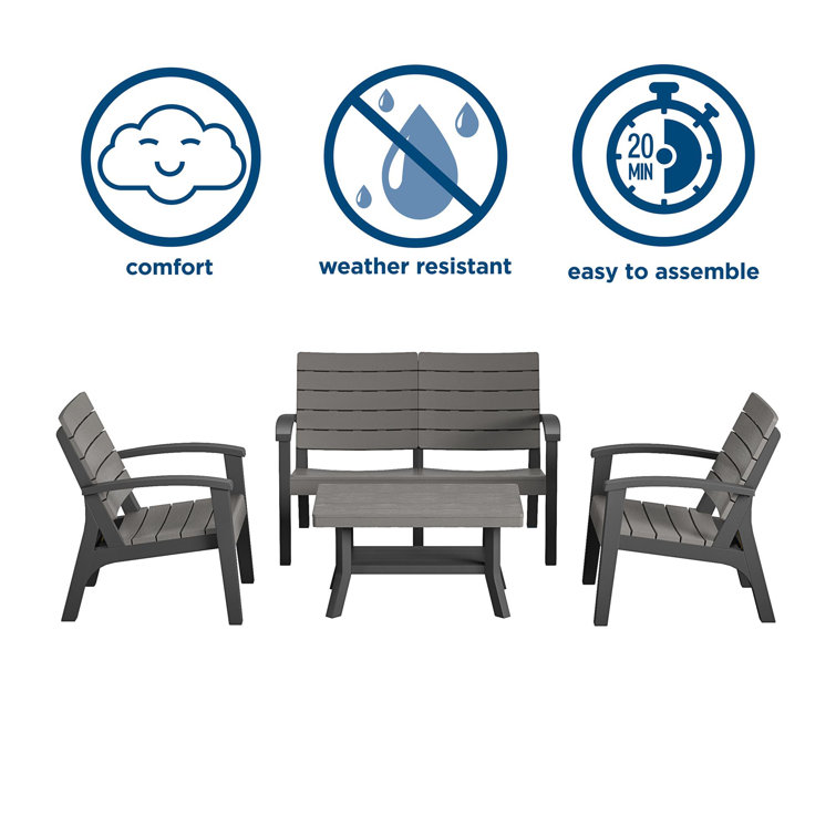 Gray Resin 4-Piece Outdoor Conversation Set with Loveseat and Armchairs