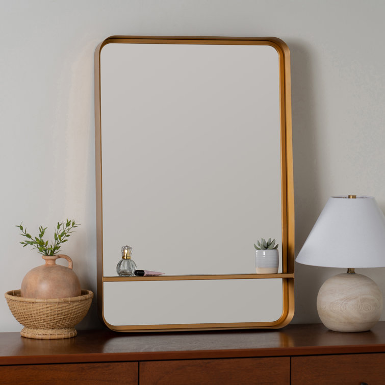 Elegant Rectangular Bronze and Gold Wood Bathroom Vanity Mirror with Shelf