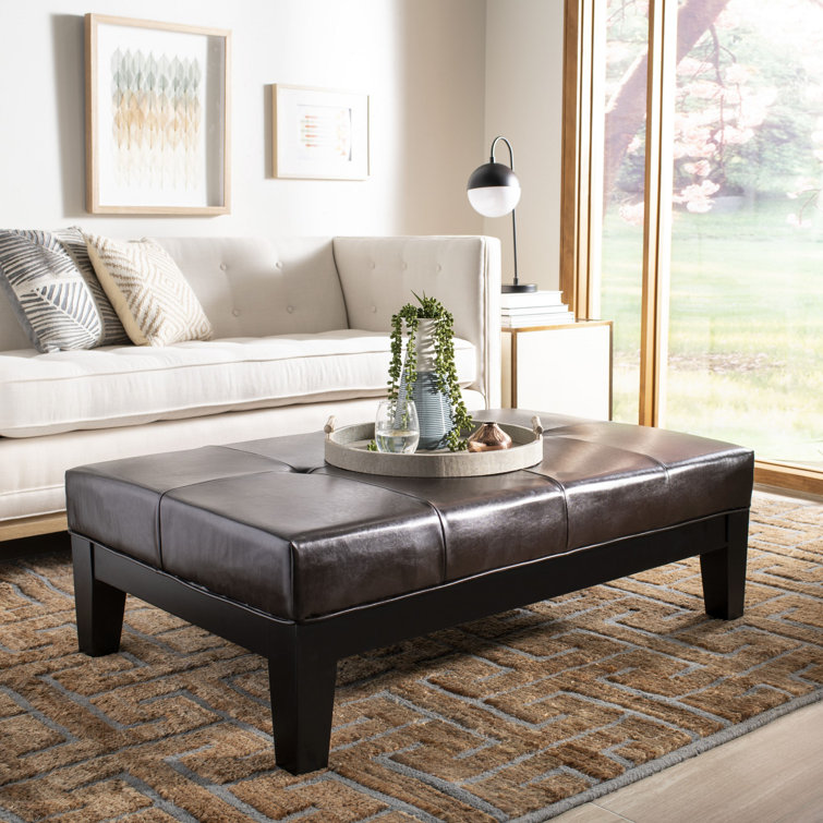Transitional Tufted Cocktail Ottoman in Quilted Brown Faux Leather