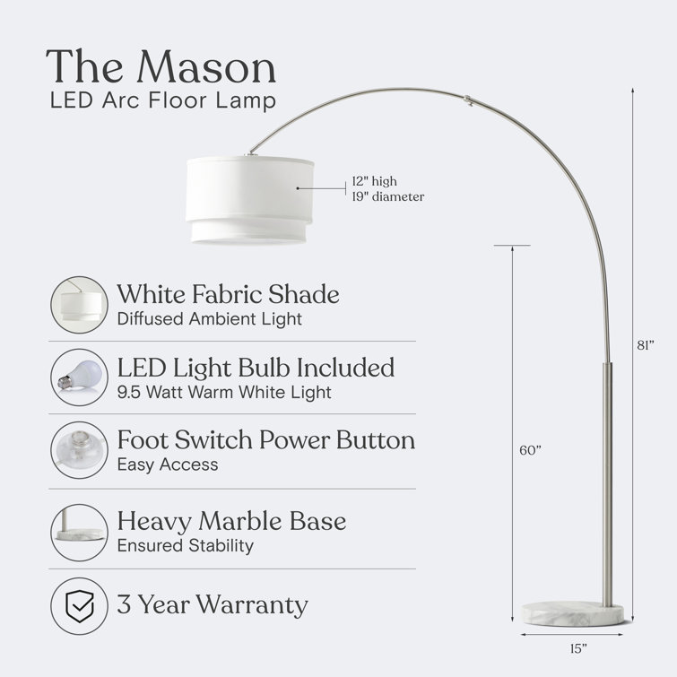 Mason 81" Modern White LED Arc Floor Lamp with Adjustable Drum Shade