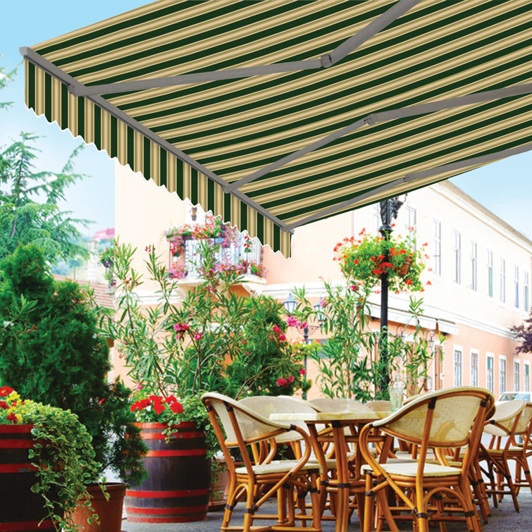 Forest Green and Beige Striped Motorized Retractable Patio Awning