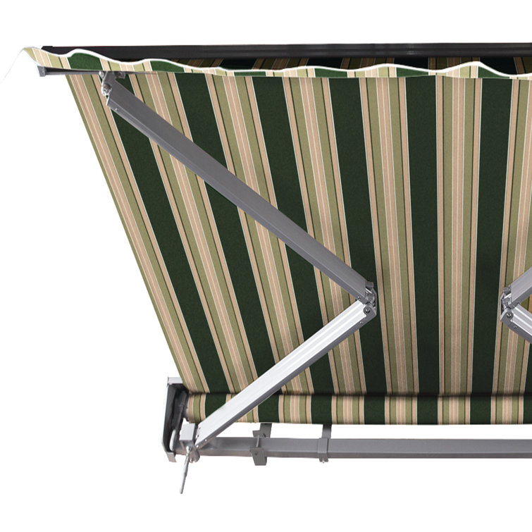Forest Green and Beige Striped Motorized Retractable Patio Awning