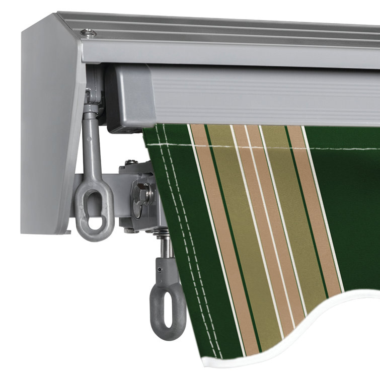 Forest Green and Beige Striped Motorized Retractable Patio Awning