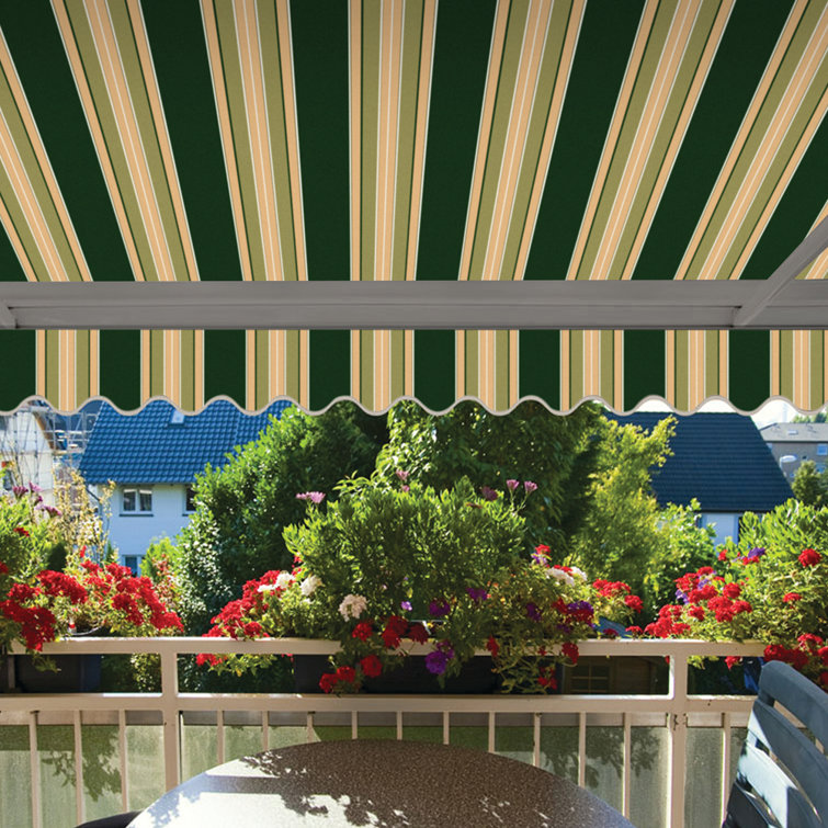 Forest Green and Beige Striped Motorized Patio Awning