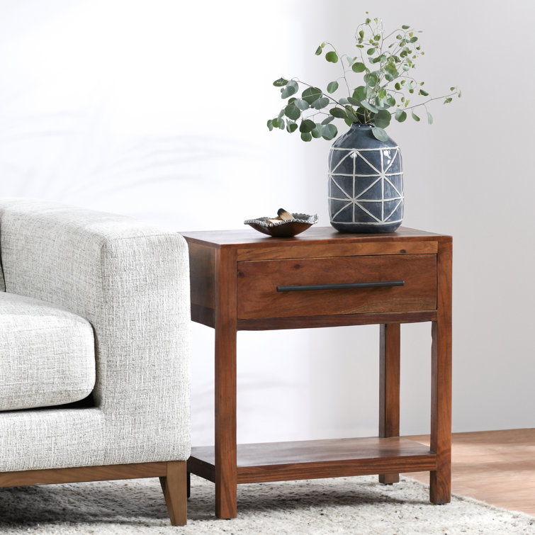 Dark Brown Solid Wood End Table with Storage Drawer