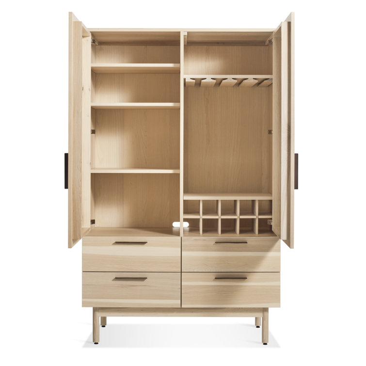 Hickory Solid Wood Bar Cabinet with Leather Pulls