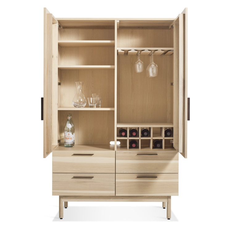 Hickory Solid Wood Bar Cabinet with Leather Pulls
