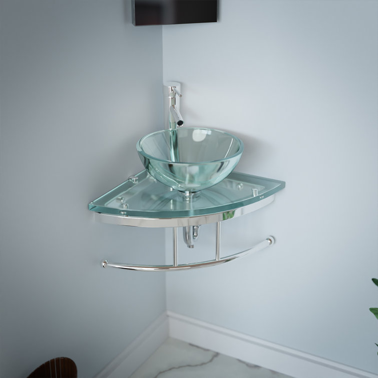 Round Corner Clear Tempered Glass Wall Mount Sink with Chrome Faucet