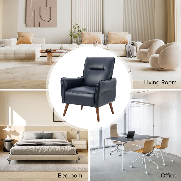 Navy Faux Leather Armchair Set with Solid Wood Legs