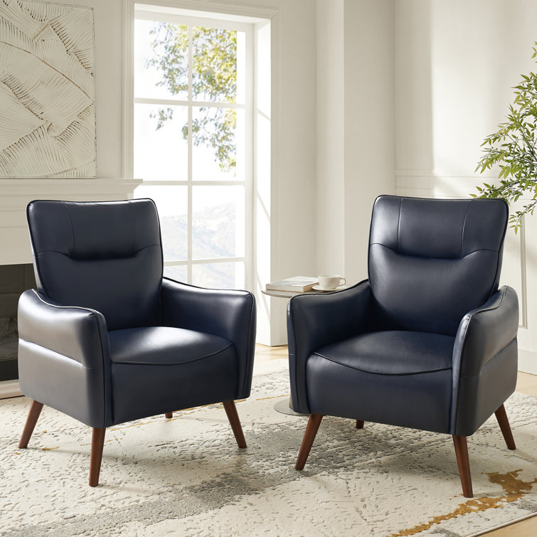 Navy Faux Leather Armchair Set with Solid Wood Legs