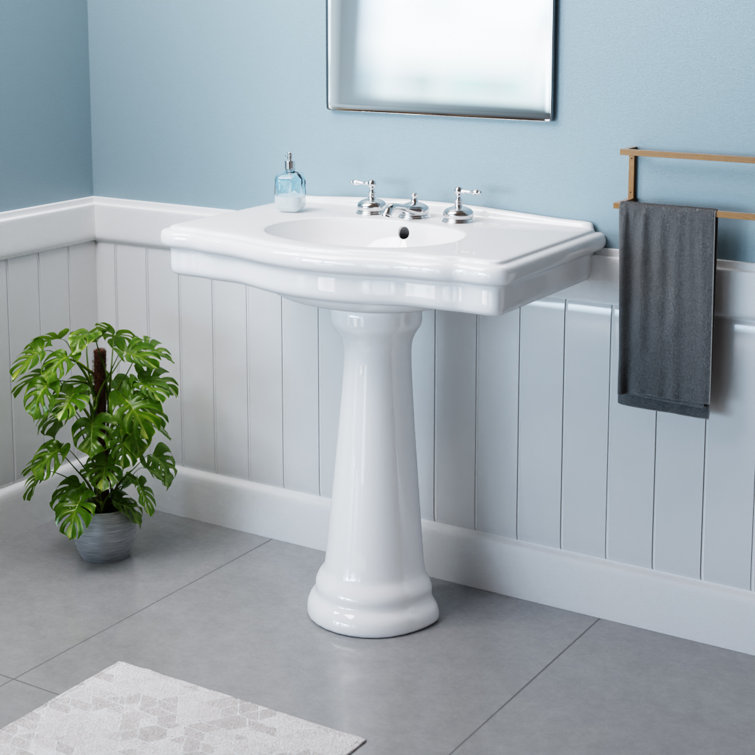 Large White Ceramic Pedestal Bathroom Sink with Overflow