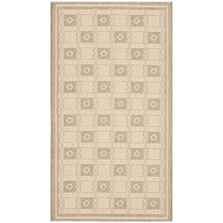 Beige and Brown Geometric Flat Woven Synthetic Rug