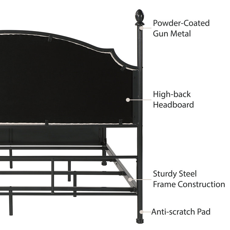 King Gunmetal Metal Four-Poster Bed with Cushioned Headboard
