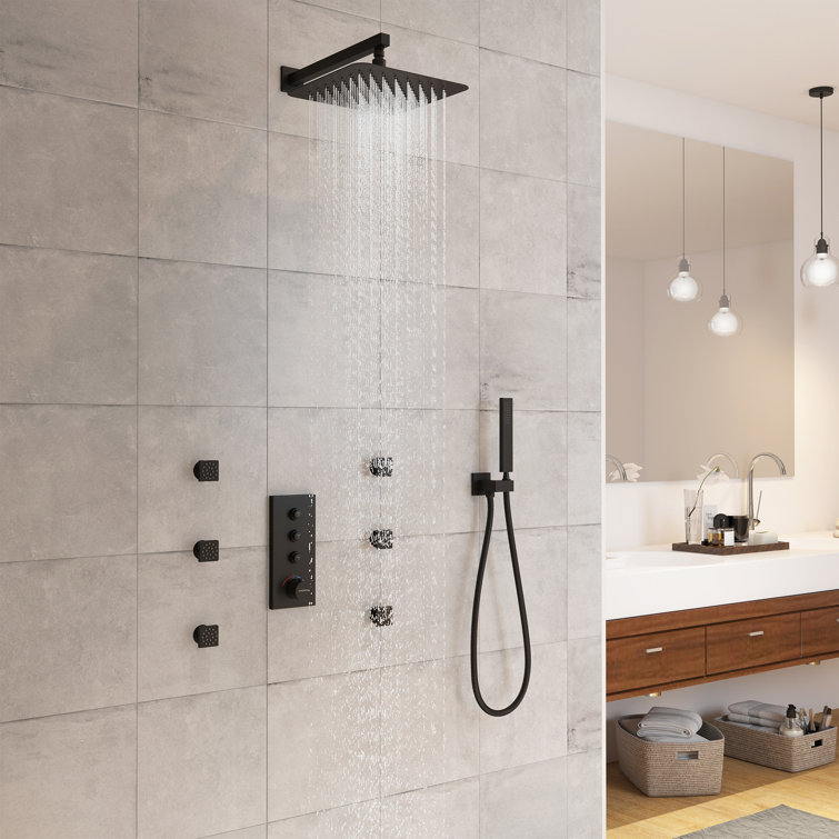 Matte Black 12-Inch Wall Mounted Shower System with Body Jets